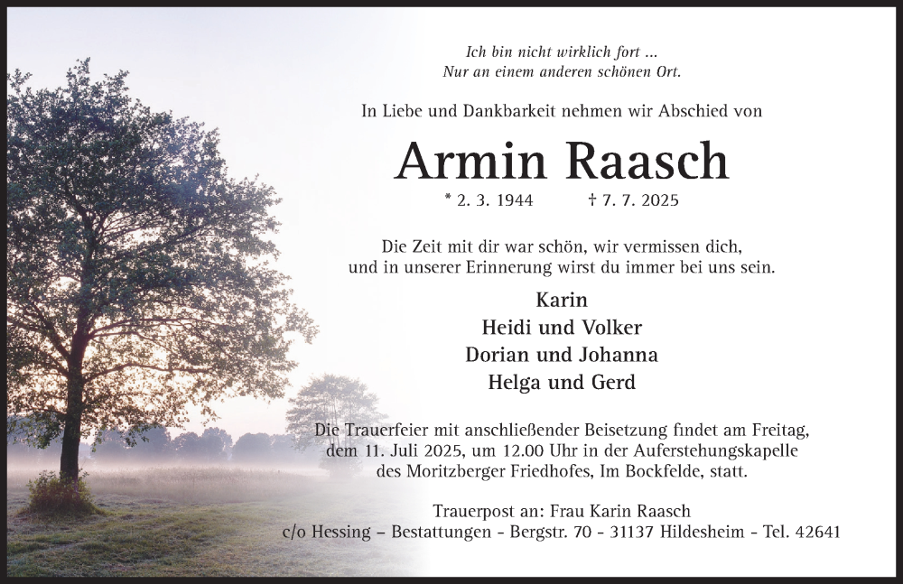  Traueranzeige für Armin Raasch vom 09.07.2025 aus Hildesheimer Allgemeine Zeitung