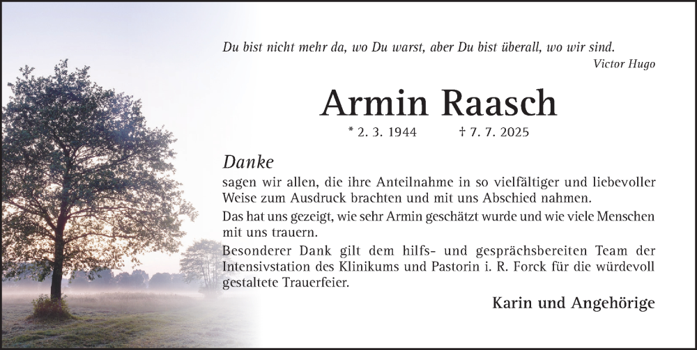  Traueranzeige für Armin Raasch vom 26.07.2025 aus Hildesheimer Allgemeine Zeitung