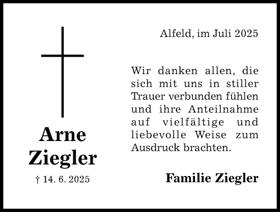 Traueranzeige von Arne Ziegler von Hildesheimer Allgemeine Zeitung