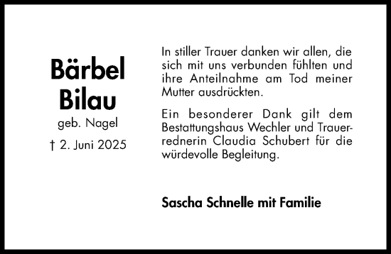 Traueranzeige von Bärbel Bilau von Hildesheimer Allgemeine Zeitung