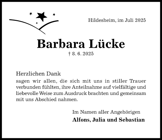 Traueranzeige von Barbara Lücke von Hildesheimer Allgemeine Zeitung