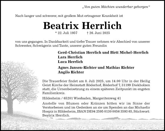 Traueranzeige von Beatrix Herrlich von Hildesheimer Allgemeine Zeitung