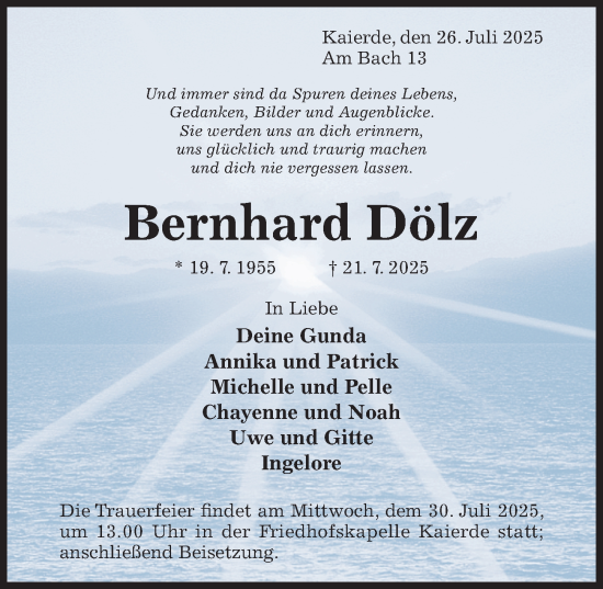 Traueranzeige von Bernhard Dölz von Hildesheimer Allgemeine Zeitung