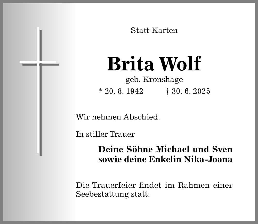  Traueranzeige für Brita Wolf vom 05.07.2025 aus Hildesheimer Allgemeine Zeitung