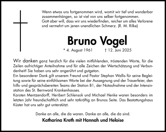 Traueranzeige von Bruno Vogel von Hildesheimer Allgemeine Zeitung