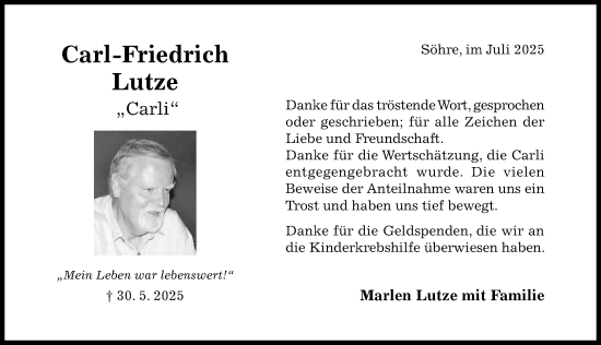 Traueranzeige von Carl-Friedrich Lutze von Hildesheimer Allgemeine Zeitung