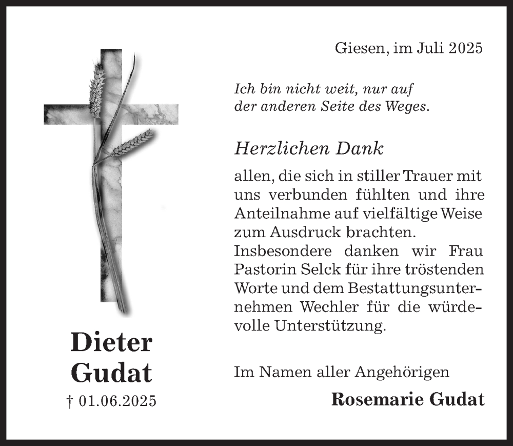  Traueranzeige für Dieter Gudat vom 09.07.2025 aus Hildesheimer Allgemeine Zeitung