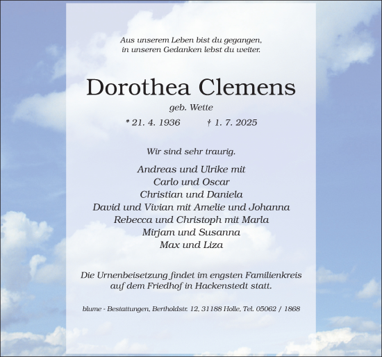 Traueranzeige von Dorothea Clemens von Hildesheimer Allgemeine Zeitung