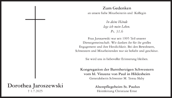 Traueranzeige von Dorothea Jaroszewski von Hildesheimer Allgemeine Zeitung