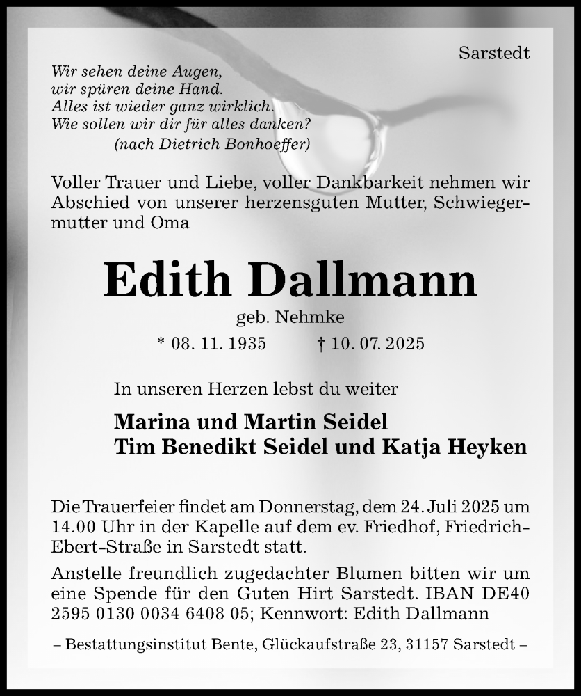  Traueranzeige für Edith Dallmann vom 19.07.2025 aus Hildesheimer Allgemeine Zeitung