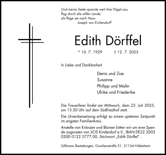 Traueranzeige von Edith Dörffel von Hildesheimer Allgemeine Zeitung