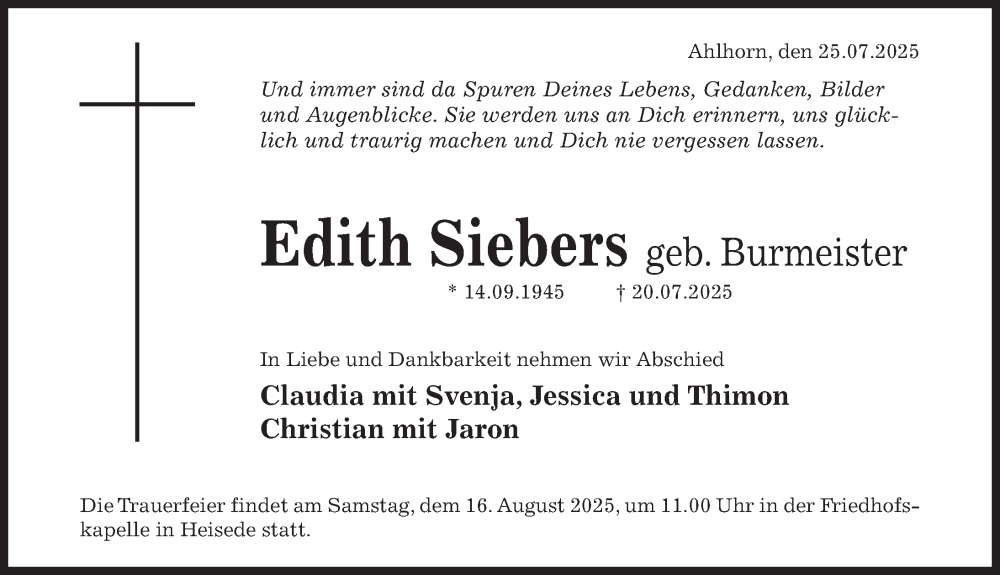  Traueranzeige für Edith Siebers vom 25.07.2025 aus Hildesheimer Allgemeine Zeitung