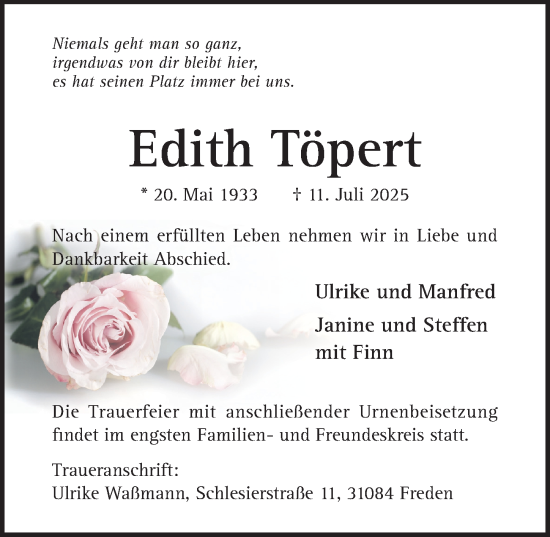 Traueranzeige von Edith Töpert von Hildesheimer Allgemeine Zeitung