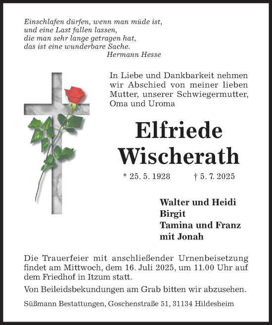 Traueranzeige von Elfriede Wischerath von Hildesheimer Allgemeine Zeitung