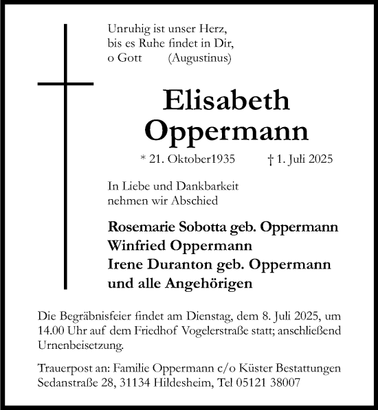 Traueranzeige von Elisabeth Oppermann von Hildesheimer Allgemeine Zeitung