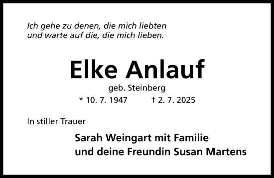 Traueranzeige von Elke Anlauf von Hildesheimer Allgemeine Zeitung