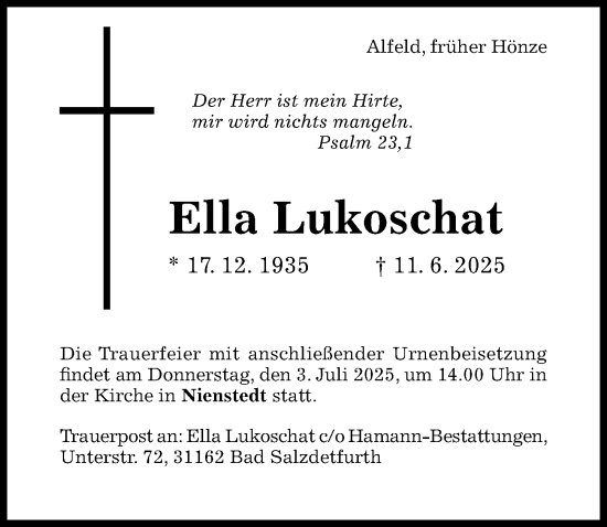 Traueranzeige von Ella Lukoschat von Hildesheimer Allgemeine Zeitung