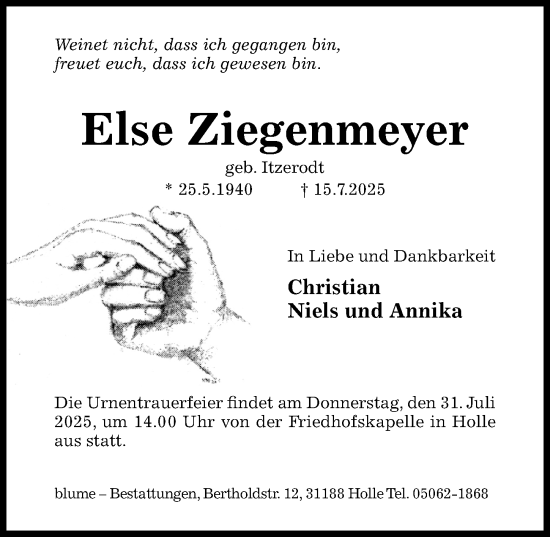 Traueranzeige von Else Ziegenmeyer von Hildesheimer Allgemeine Zeitung