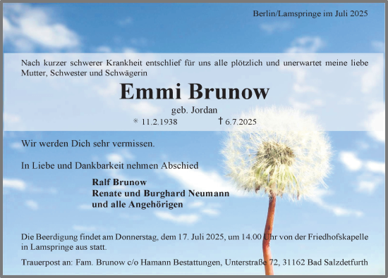 Traueranzeige von Emmi Brunow von Hildesheimer Allgemeine Zeitung