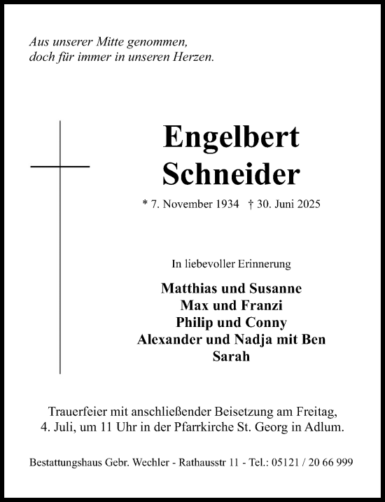 Traueranzeige von Engelbert Schneider von Hildesheimer Allgemeine Zeitung