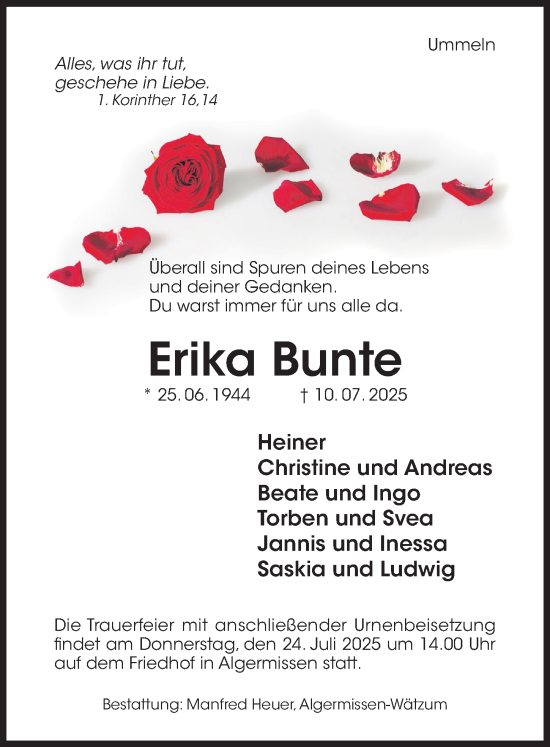 Traueranzeige von Erika Bunte von Hildesheimer Allgemeine Zeitung