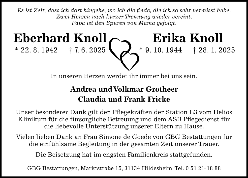 Traueranzeige für Erika Knoll vom 09.07.2025 aus Hildesheimer Allgemeine Zeitung