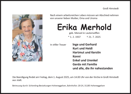 Traueranzeige von Erika Merhold von Hildesheimer Allgemeine Zeitung