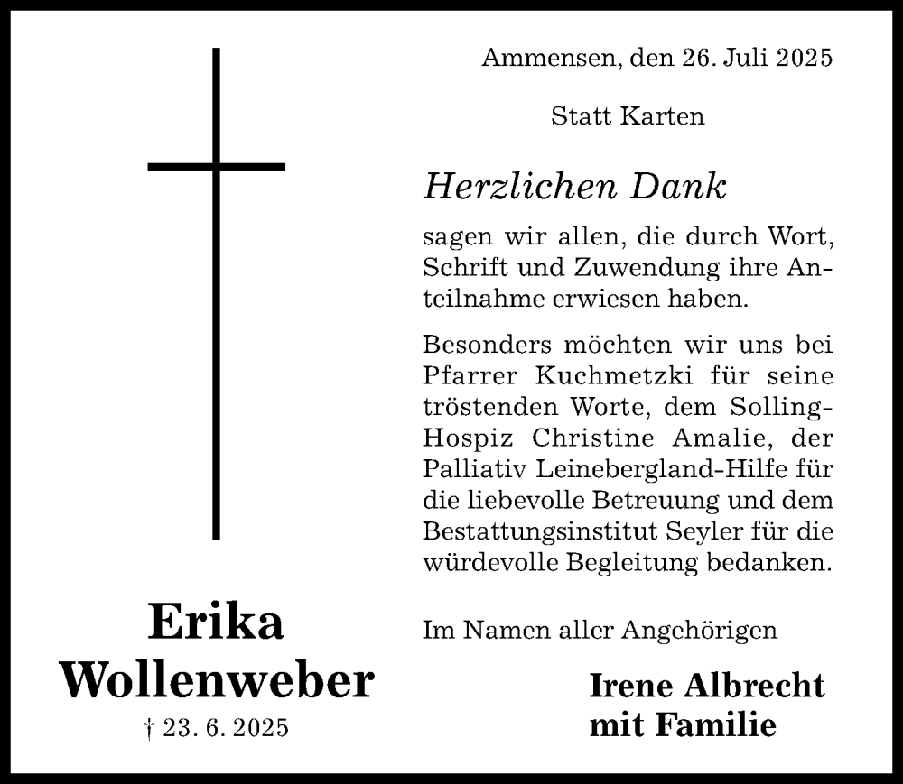  Traueranzeige für Erika Wollenweber vom 26.07.2025 aus Hildesheimer Allgemeine Zeitung