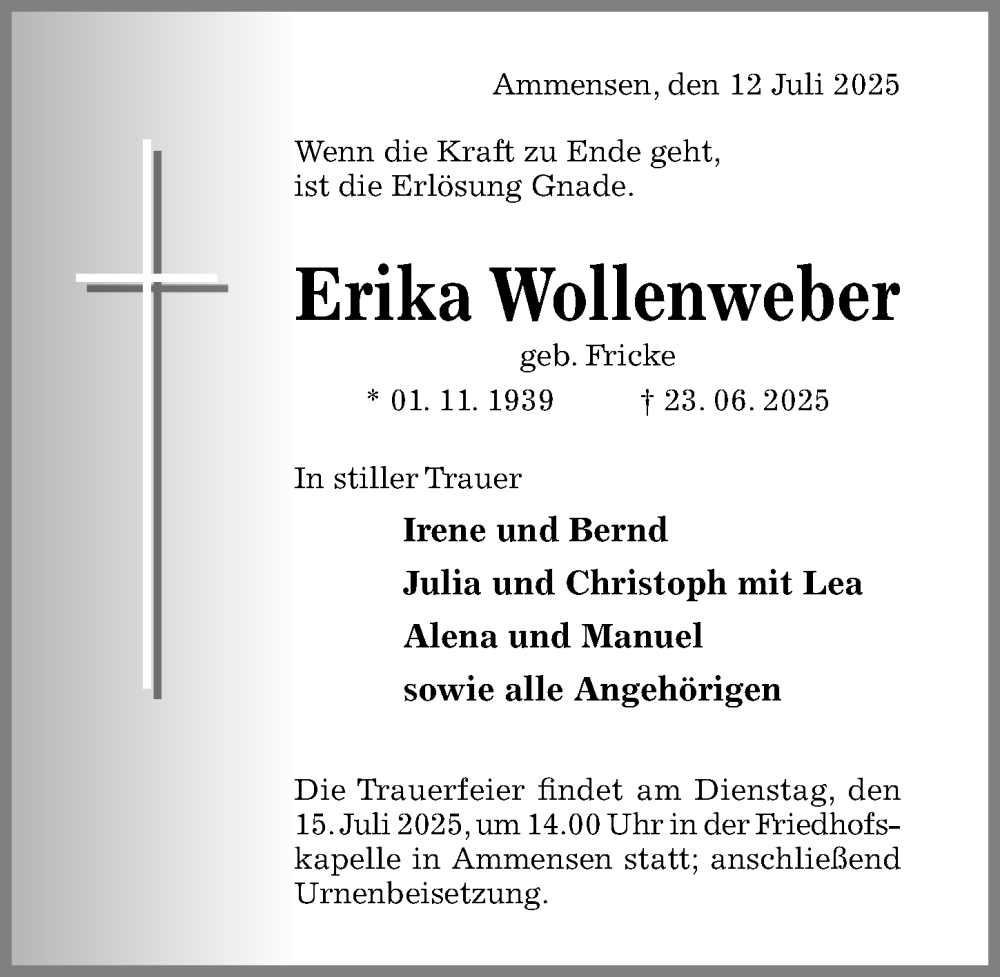  Traueranzeige für Erika Wollenweber vom 12.07.2025 aus Hildesheimer Allgemeine Zeitung