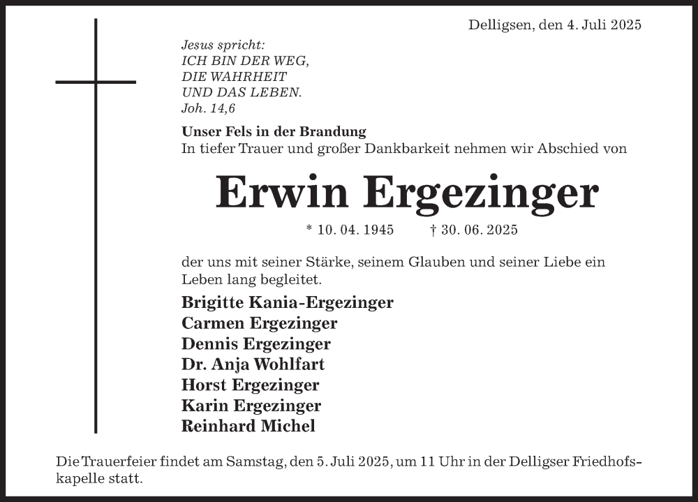  Traueranzeige für Erwin Ergezinger vom 04.07.2025 aus Hildesheimer Allgemeine Zeitung