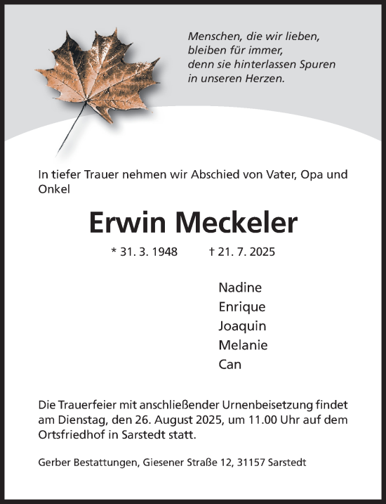 Traueranzeige von Erwin Meckeler von Hildesheimer Allgemeine Zeitung