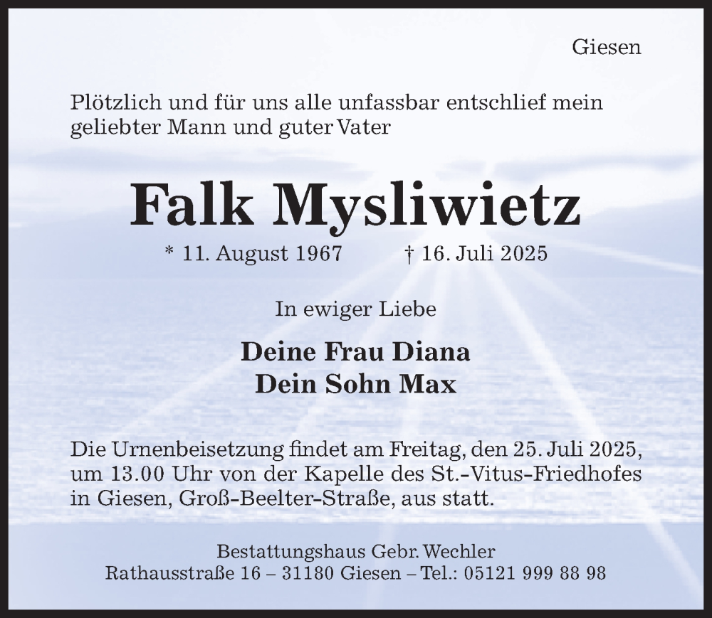  Traueranzeige für Falk Mysliwietz vom 23.07.2025 aus Hildesheimer Allgemeine Zeitung