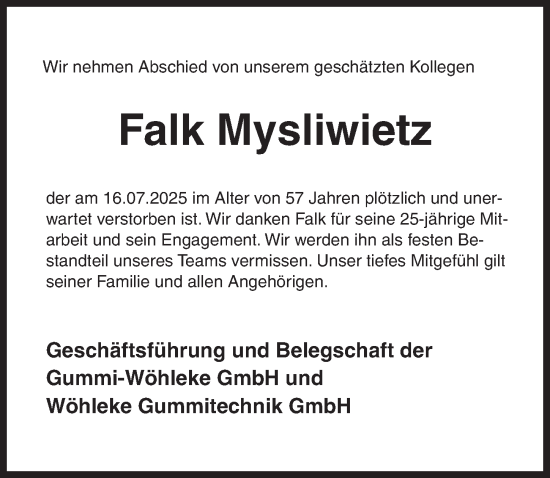 Traueranzeige von Falk Mysliwietz von Hildesheimer Allgemeine Zeitung