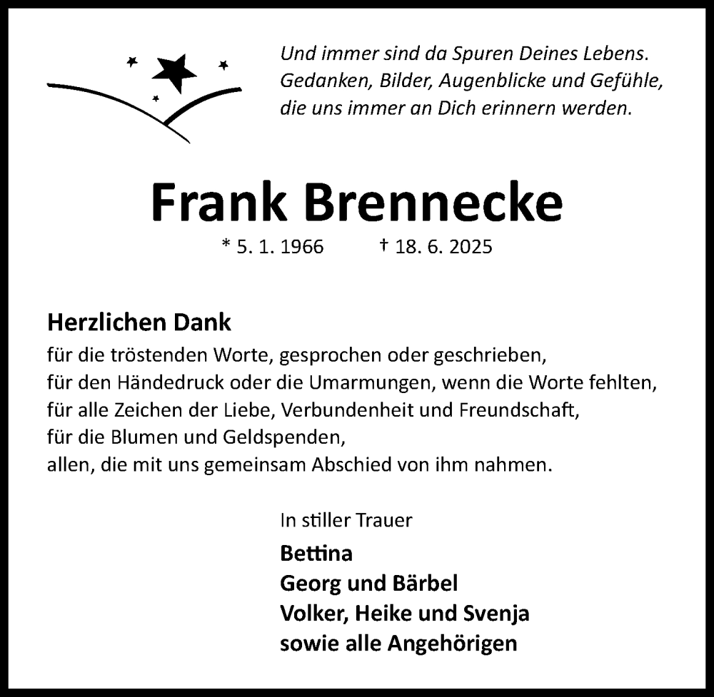  Traueranzeige für Frank Brennecke vom 16.07.2025 aus Hildesheimer Allgemeine Zeitung
