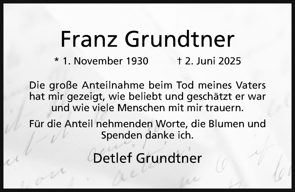  Traueranzeige für Franz Grundtner vom 09.07.2025 aus Hildesheimer Allgemeine Zeitung