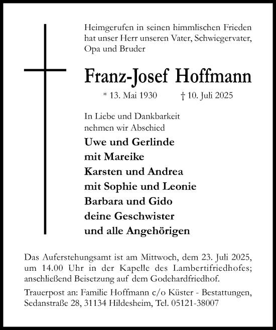 Traueranzeige von Franz-Josef Hoffmann von Hildesheimer Allgemeine Zeitung