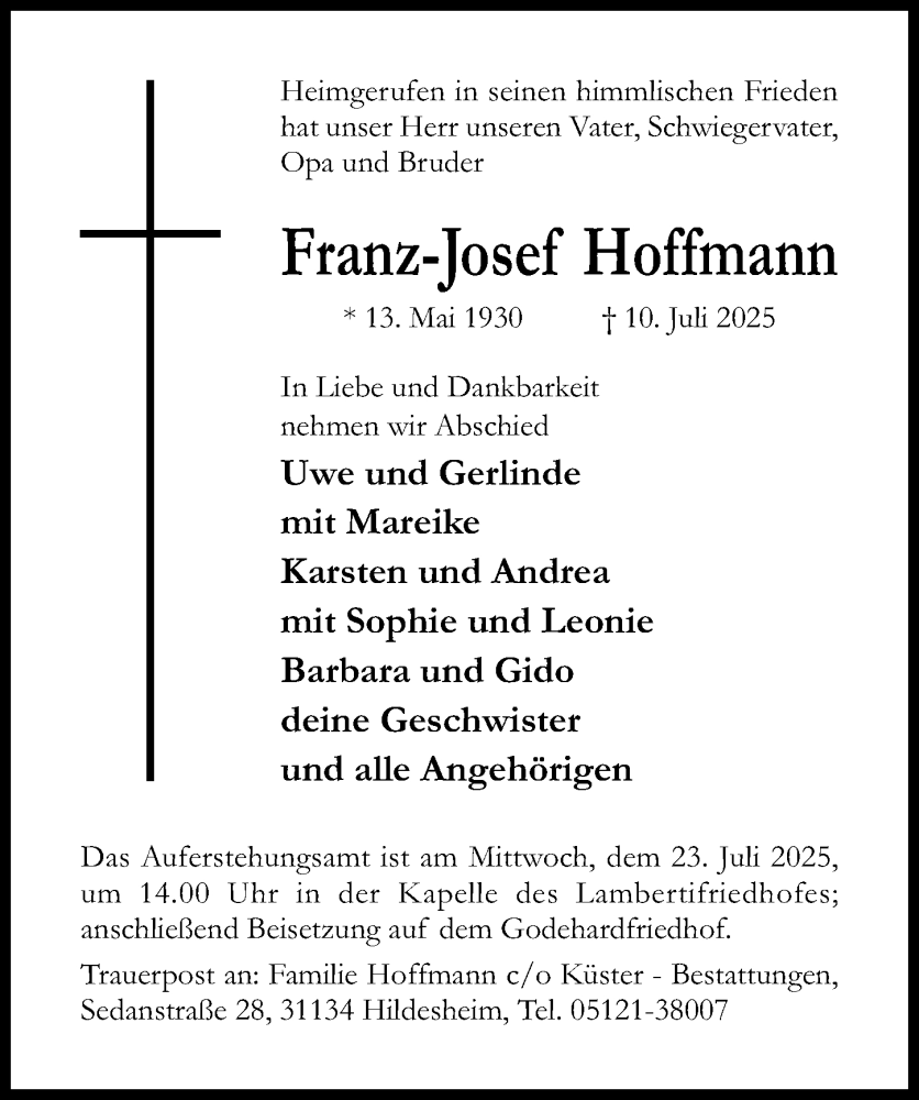  Traueranzeige für Franz-Josef Hoffmann vom 16.07.2025 aus Hildesheimer Allgemeine Zeitung