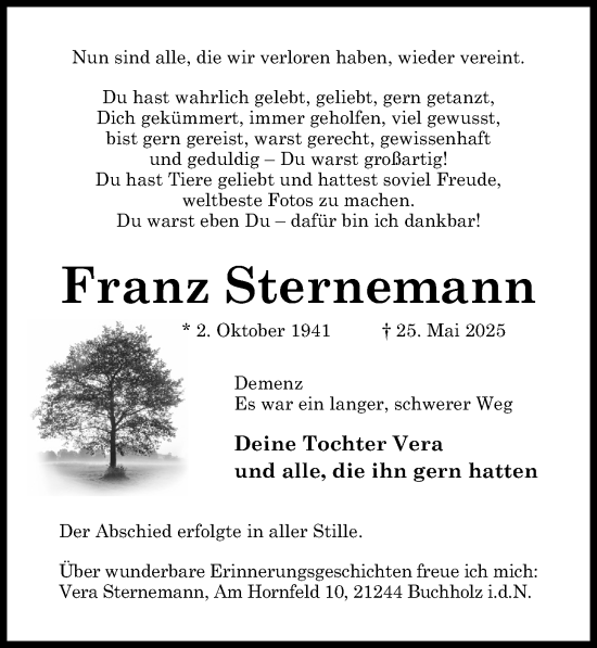 Traueranzeige von Franz Sternemann von Hildesheimer Allgemeine Zeitung