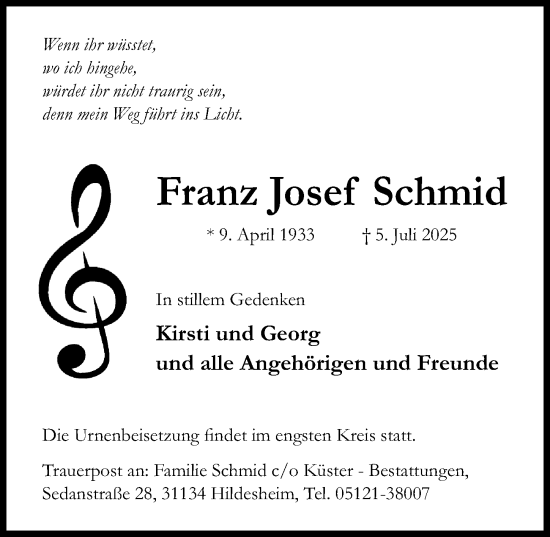 Traueranzeige von Franz Josef Schmid von Hildesheimer Allgemeine Zeitung