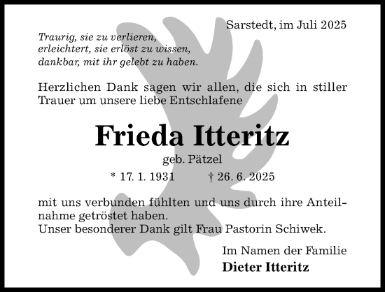 Traueranzeige von Frieda Itteritz von Hildesheimer Allgemeine Zeitung