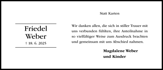 Traueranzeige von Friedel Weber von Hildesheimer Allgemeine Zeitung