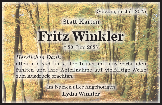 Traueranzeige von Fritz Winkler von Hildesheimer Allgemeine Zeitung