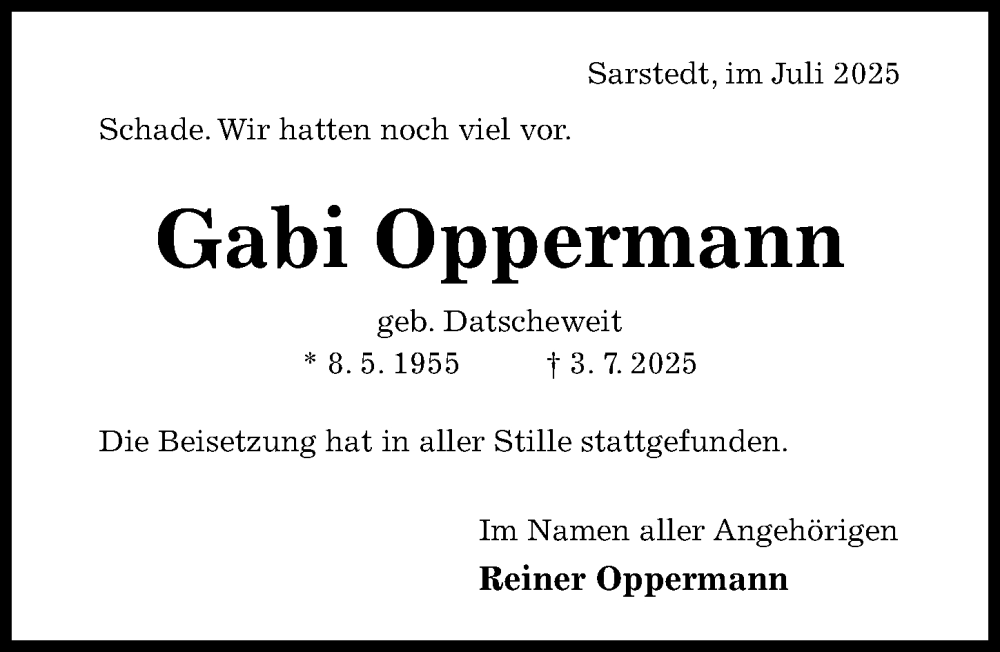  Traueranzeige für Gabi Oppermann vom 19.07.2025 aus Hildesheimer Allgemeine Zeitung