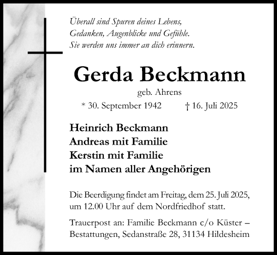Traueranzeige von Gerda Beckmann von Hildesheimer Allgemeine Zeitung