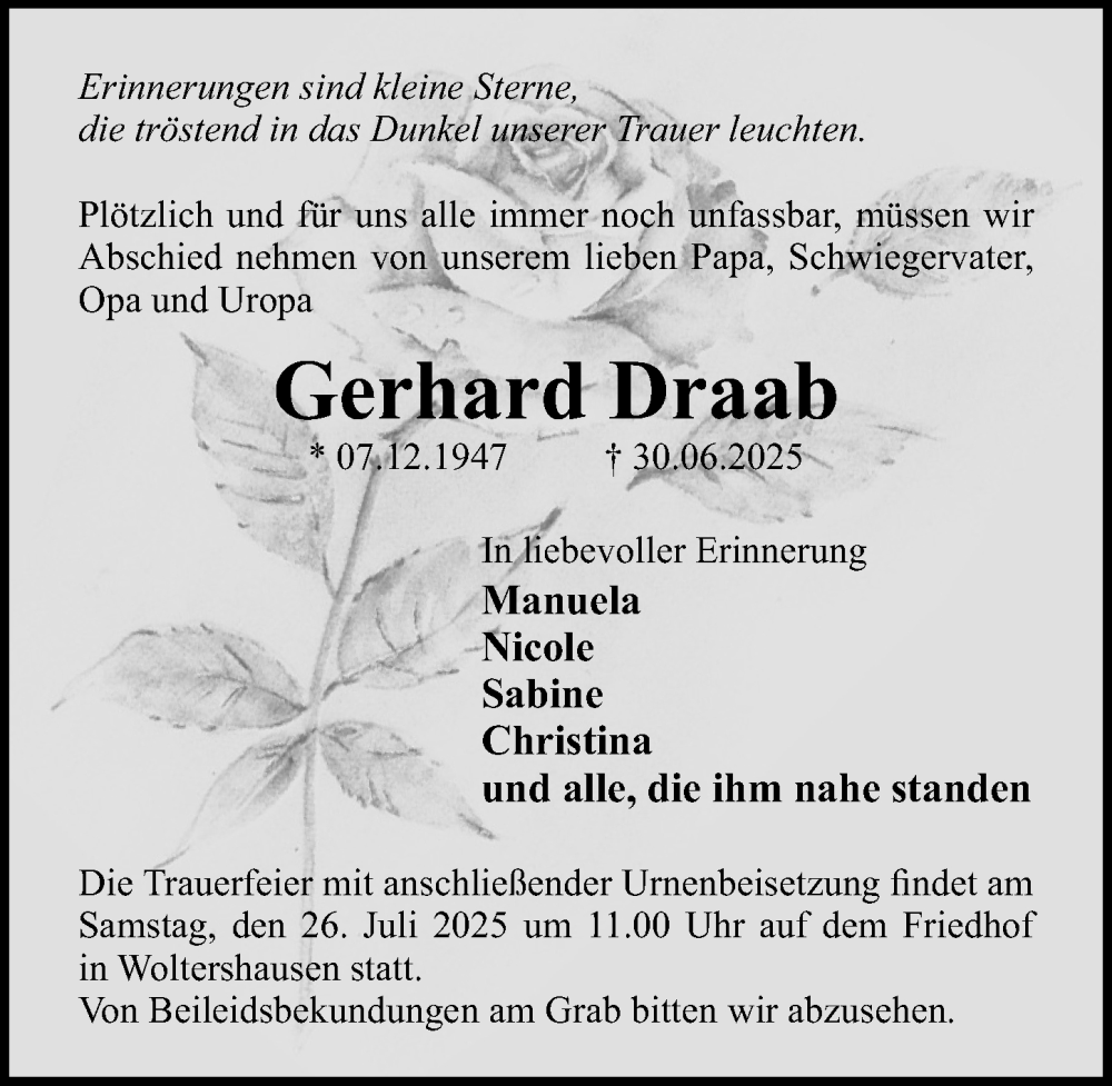  Traueranzeige für Gerhard Draab vom 19.07.2025 aus Hildesheimer Allgemeine Zeitung