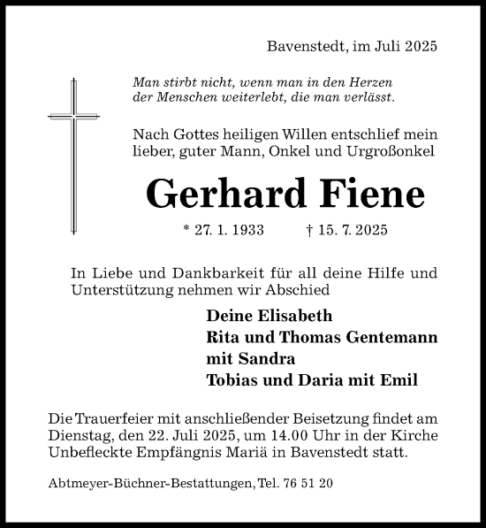 Traueranzeige von Gerhard Fiene von Hildesheimer Allgemeine Zeitung