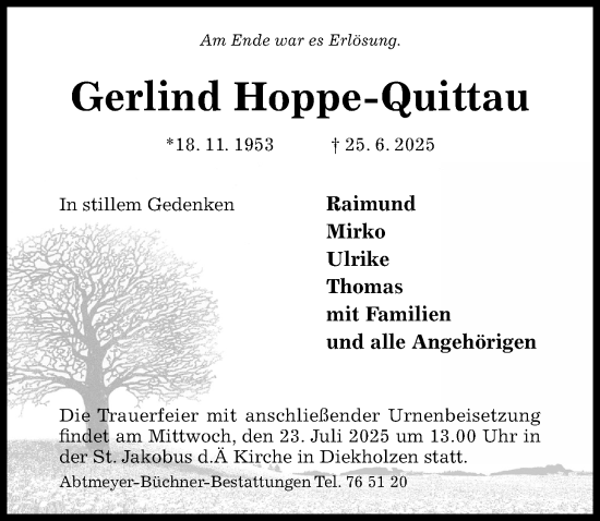 Traueranzeige von Gerlind Hoppe-Quittau von Hildesheimer Allgemeine Zeitung