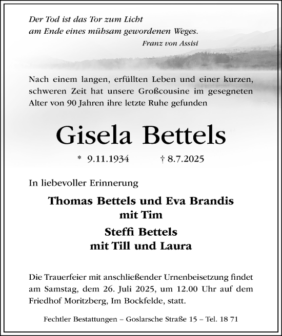 Traueranzeige von Gisela Bettels von Hildesheimer Allgemeine Zeitung