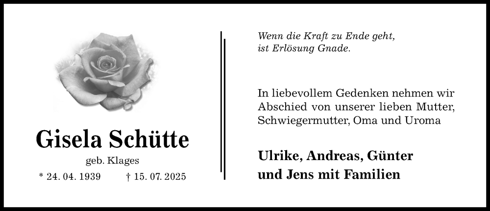  Traueranzeige für Gisela Schütte vom 19.07.2025 aus Hildesheimer Allgemeine Zeitung