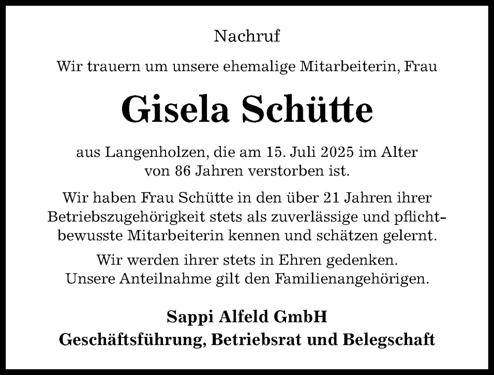 Traueranzeige für Gisela Schütte vom 23.07.2025 aus Hildesheimer Allgemeine Zeitung
